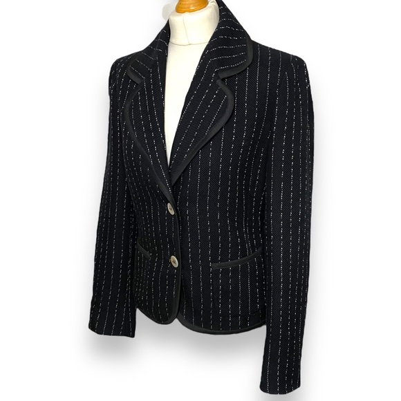 Max Mara Blazer Black Size 12 Jacket Pinstripe Textured Cotton Smart Tailored - Picture 12 of 14